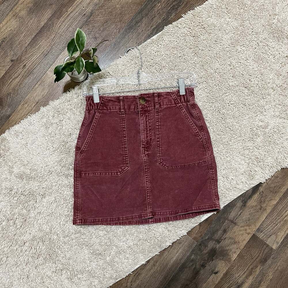 American Eagle Size 00 Washed Burgundy Corduroy High Waisted A-Line Mini Skirt